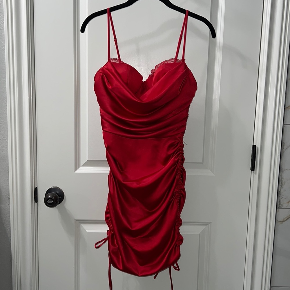 Oh Polly Lace Trim Satin Mini Dress in Red- Size US 4